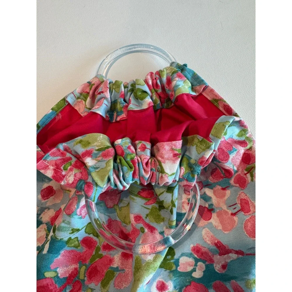 Vintage Floral Cotton Clear Acrylic Handled Bag Pink Blue